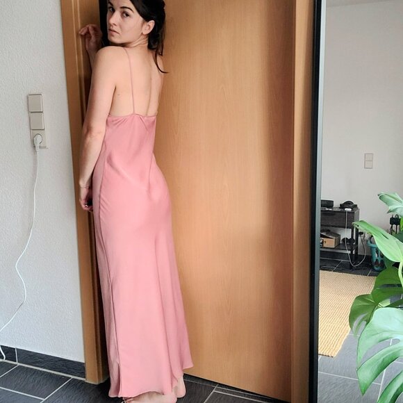 Zara Peach Pink Satin Button Side Slit Midi Maxi Dress Spaghetti Strap - Medium - Picture 5 of 16